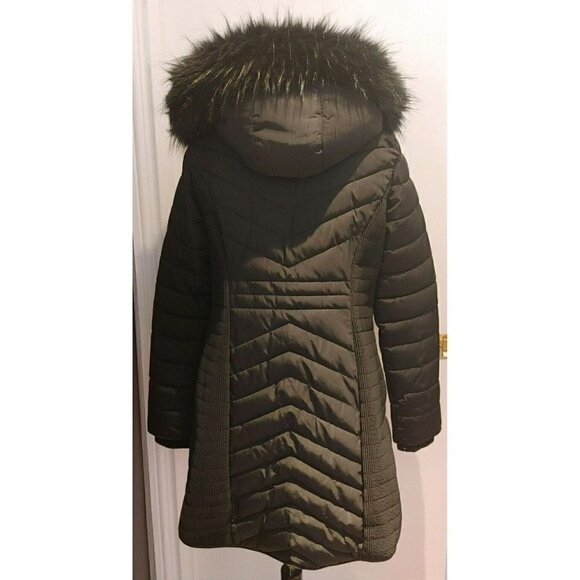 DKNY Black Quilted Puffer Coat Removable Faux Fur Hood Size Small - Picture 3 of 8
